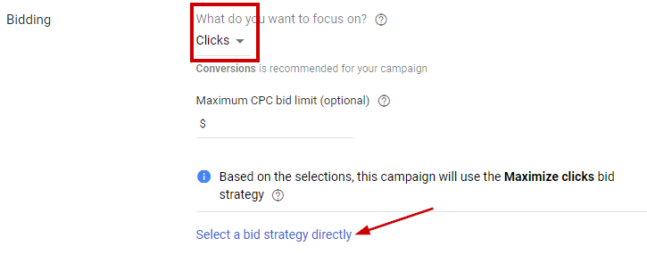 google ads budget selection screenshot