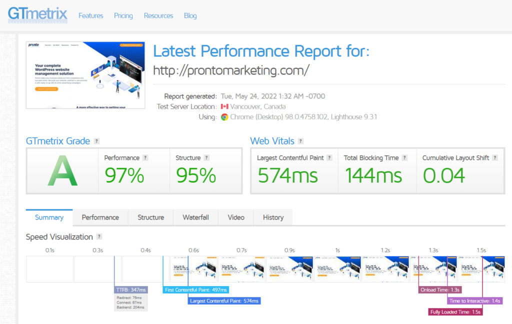 GTmetrix results page